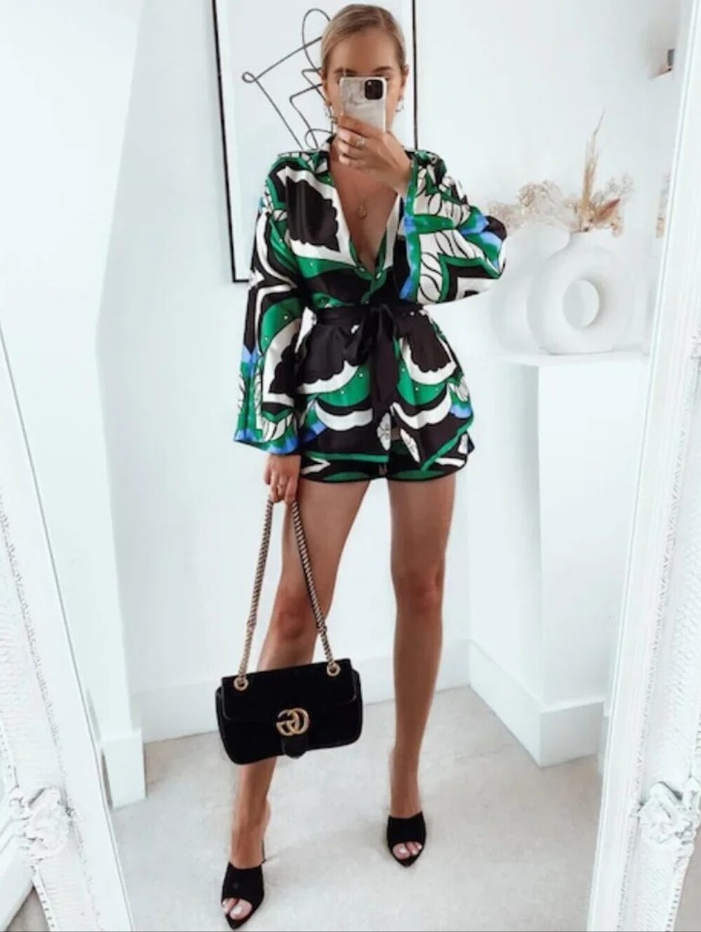 Zara Set Prints Blouse Sz M + Shorts Sz XL BLUE Green Black Nwt